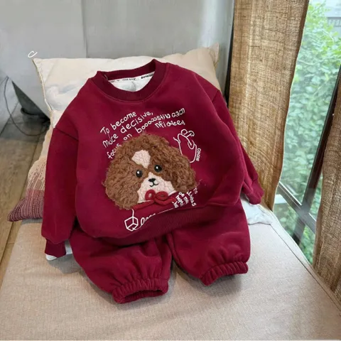 Quần áo thu đông cho bé, set bộ nỉ Hàn lót lông ấm áp thêu đắp gấu xù cho bé trai và bé gái 8-22kg