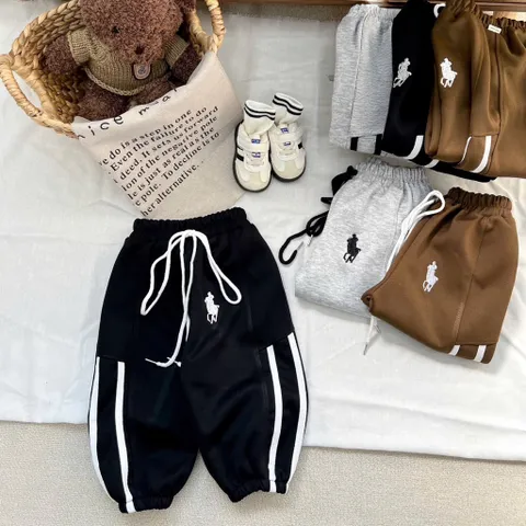 Quần nỉ thu đông bé trai, quần jogger ấm thêu ngựa cho bé 8-26kg