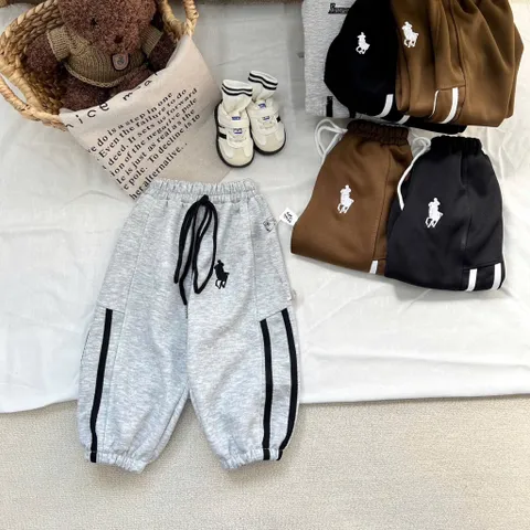 Quần nỉ thu đông bé trai, quần jogger ấm thêu ngựa cho bé 8-26kg