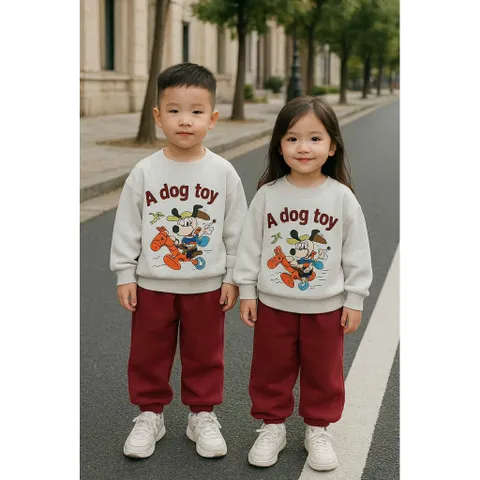 Quần áo thu đông cho bé, set bộ nỉ Hàn Quốc chữ A Dog Toy cho bé trai và bé gái size 8-24kg