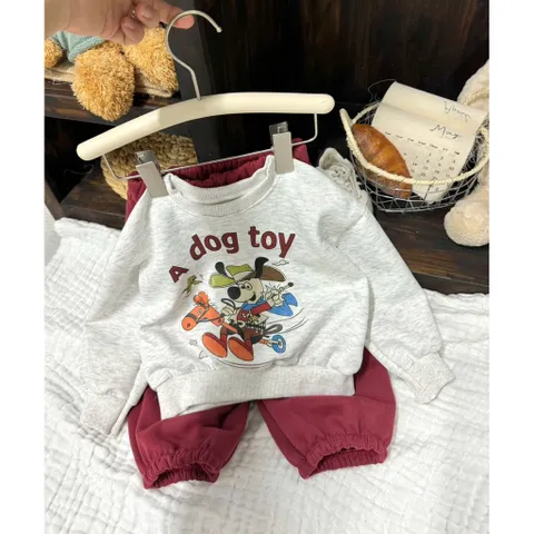 Quần áo thu đông cho bé, set bộ nỉ Hàn Quốc chữ A Dog Toy cho bé trai và bé gái size 8-24kg