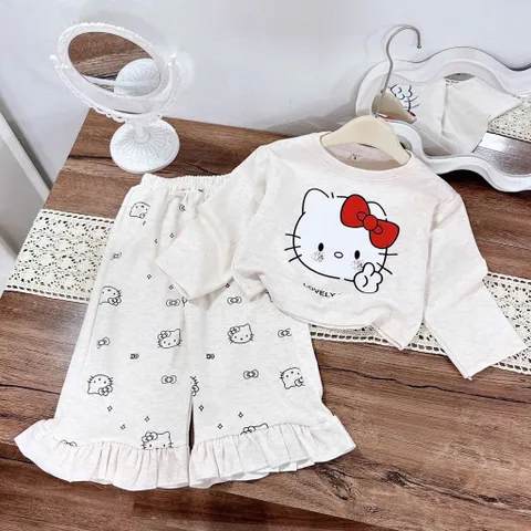 Loại 1  Quần áo thu đông bé gái, set bộ len thỏ họa tiết Hello Kitty cho bé từ 13–40kg