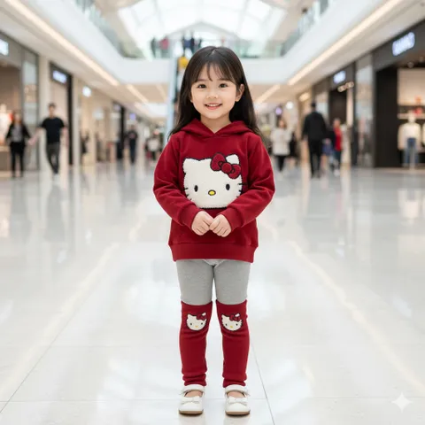Quần áo thu đông bé gái, set bộ len tăm Hello Kitty cho bé gái 10–30kg – Dáng đáng yêu, ấm áp và cực thời trang