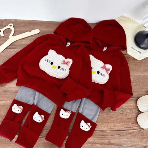 Quần áo thu đông bé gái, set bộ len tăm Hello Kitty cho bé gái 10–30kg – Dáng đáng yêu, ấm áp và cực thời trang