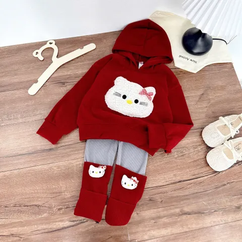 Quần áo thu đông bé gái, set bộ len tăm Hello Kitty cho bé gái 10–30kg – Dáng đáng yêu, ấm áp và cực thời trang
