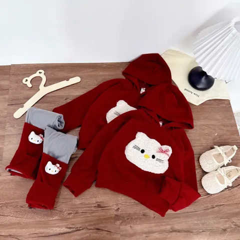 Quần áo thu đông bé gái, set bộ len tăm Hello Kitty cho bé gái 10–30kg – Dáng đáng yêu, ấm áp và cực thời trang