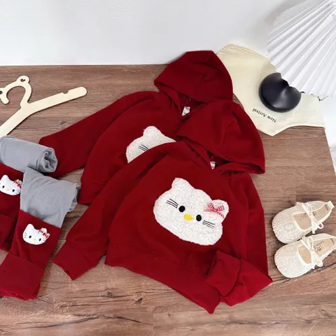 Quần áo thu đông bé gái, set bộ len tăm Hello Kitty cho bé gái 10–30kg – Dáng đáng yêu, ấm áp và cực thời trang