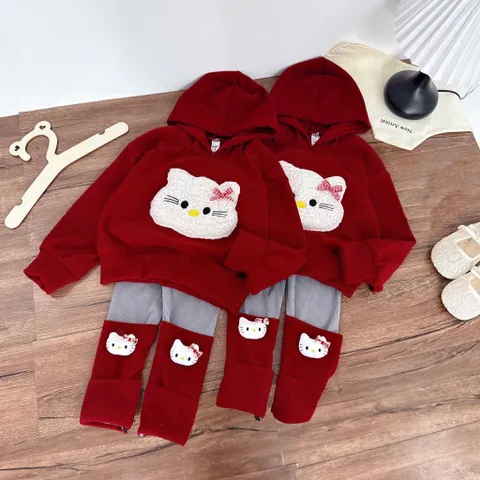 Quần áo thu đông bé gái, set bộ len tăm Hello Kitty cho bé gái 10–30kg – Dáng đáng yêu, ấm áp và cực thời trang