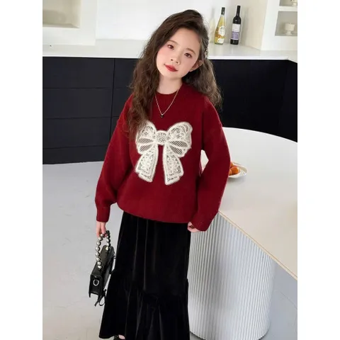 Váy cho bé gái, set áo nỉ đỏ thêu đắp nơ ren phối chân váy nhung dài thích hợp dịp lễ Tết Noel cho bé 14-35kg