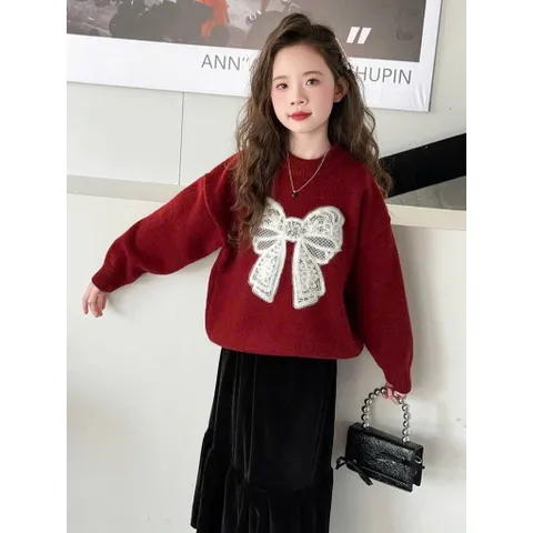 Váy cho bé gái, set áo nỉ đỏ thêu đắp nơ ren phối chân váy nhung dài thích hợp dịp lễ Tết Noel cho bé 14-35kg
