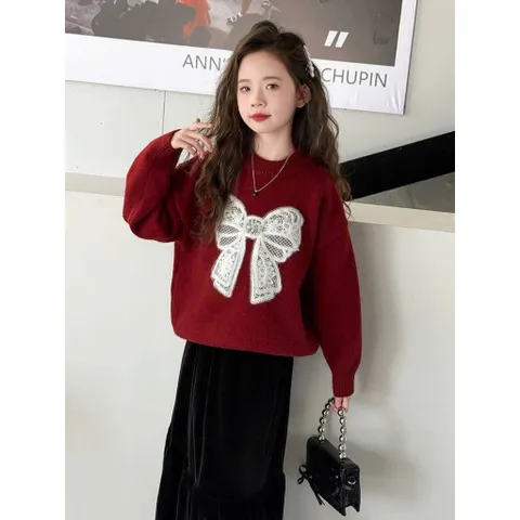 Váy cho bé gái, set áo nỉ đỏ thêu đắp nơ ren phối chân váy nhung dài thích hợp dịp lễ Tết Noel cho bé 14-35kg