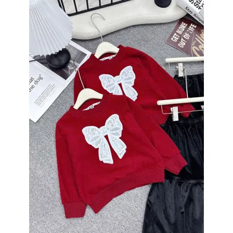Váy cho bé gái, set áo nỉ đỏ thêu đắp nơ ren phối chân váy nhung dài thích hợp dịp lễ Tết Noel cho bé 14-35kg