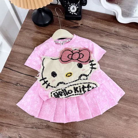 Váy bé gái, set áo loang cotton Hello Kitty kèm chân váy xếp ly  cho bé 10-30kg