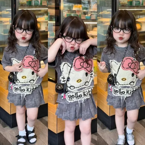 Váy bé gái, set áo loang cotton Hello Kitty kèm chân váy xếp ly  cho bé 10-30kg