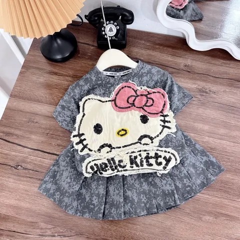 Váy bé gái, set áo loang cotton Hello Kitty kèm chân váy xếp ly  cho bé 10-30kg