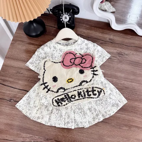 Váy bé gái, set áo loang cotton Hello Kitty kèm chân váy xếp ly  cho bé 10-30kg
