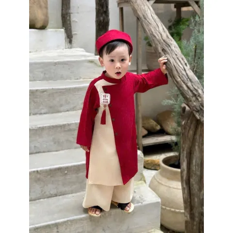 Set Áo Dài Cách Tân Nhung Chéo Lì – Kèm Mấn & Dây Khánh Thêu Chữ “TẾT” cho Bé Trai (10–30kg)