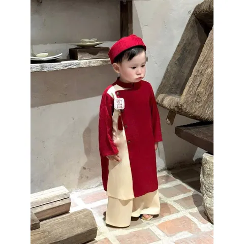 Set Áo Dài Cách Tân Nhung Chéo Lì – Kèm Mấn & Dây Khánh Thêu Chữ “TẾT” cho Bé Trai (10–30kg)