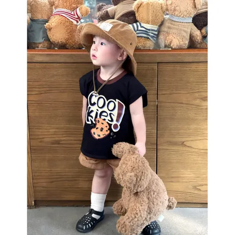 Quần áo bé trai, Set bộ bé trai áo cotton tay hến hoạ tiết Cookie kèm quần short kaki túi hộp cá tính cho bé 9-24kg
