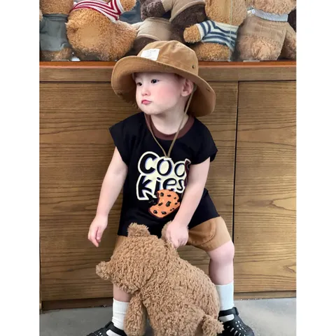 Quần áo bé trai, Set bộ bé trai áo cotton tay hến hoạ tiết Cookie kèm quần short kaki túi hộp cá tính cho bé 9-24kg
