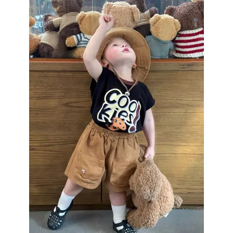 Quần áo bé trai, Set bộ bé trai áo cotton tay hến hoạ tiết Cookie kèm quần short kaki túi hộp cá tính cho bé 9-24kg