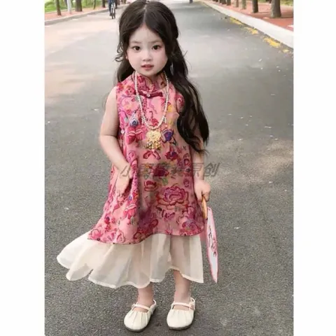 Váy bé gái, set áo hoa cổ tàu kèm chân váy voan tơ cho bé 10-30kg