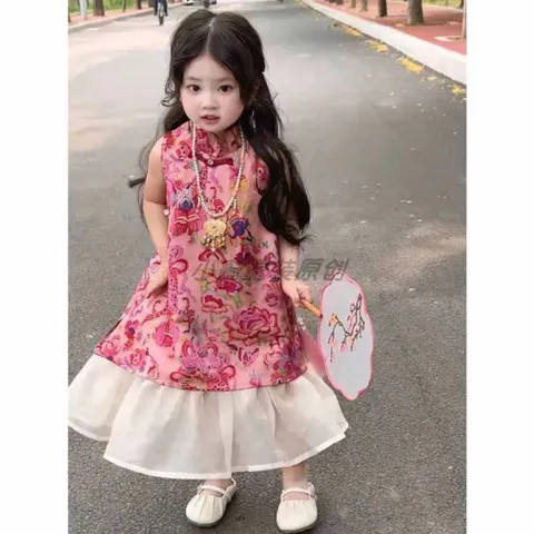 Váy bé gái, set áo hoa cổ tàu kèm chân váy voan tơ cho bé 10-30kg