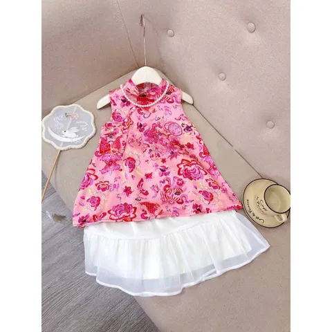 Váy bé gái, set áo hoa cổ tàu kèm chân váy voan tơ cho bé 10-30kg
