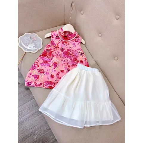 Váy bé gái, set áo hoa cổ tàu kèm chân váy voan tơ cho bé 10-30kg