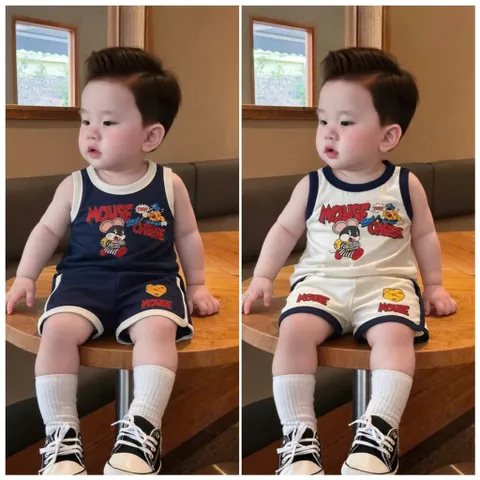 Quần áo bé trai, set đồ bộ bé trai ba lỗ chất cotton hoạ tiết chuột Mouse size 9-24kg