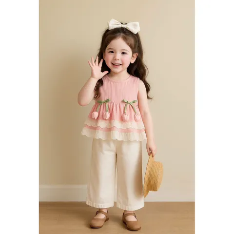 Quần áo bé gái, set bộ áo tiểu thư chất thô đũi hàn gắn hoa Tuylip kèm quần suông cho bé 10-22kg