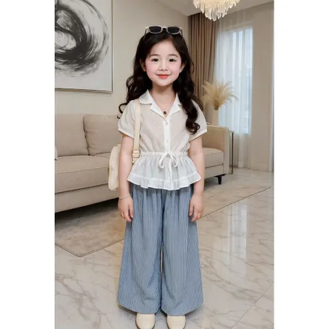 Quần áo bé gái, set áo sơ mi rút eo kèm quần kẻ suông thanh lịch cho bé 10-35kg