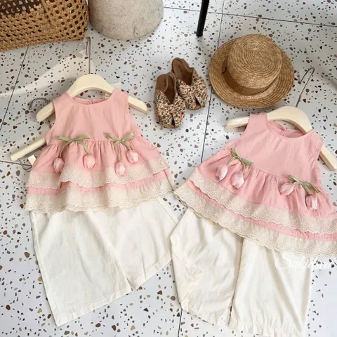 Quần áo bé gái, set bộ áo tiểu thư chất thô đũi hàn gắn hoa Tuylip kèm quần suông cho bé 10-22kg