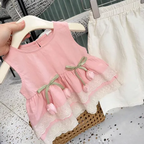 Quần áo bé gái, set bộ áo tiểu thư chất thô đũi hàn gắn hoa Tuylip kèm quần suông cho bé 10-22kg
