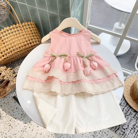Quần áo bé gái, set bộ áo tiểu thư chất thô đũi hàn gắn hoa Tuylip kèm quần suông cho bé 10-22kg