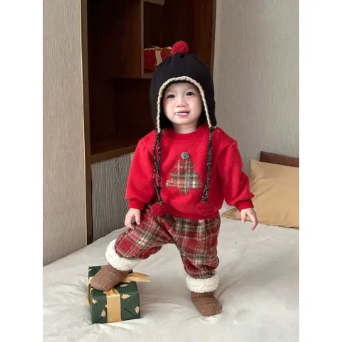Set đồ Noel cho bé, set áo nỉ đỏ hoạ tiết cây thông kèm quần dạ kẻ ống suông cho bé 10-30kg