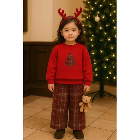 Set đồ Noel cho bé, set áo nỉ đỏ hoạ tiết cây thông kèm quần dạ kẻ ống suông cho bé 10-30kg
