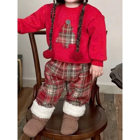 Set đồ Noel cho bé, set áo nỉ đỏ hoạ tiết cây thông kèm quần dạ kẻ ống suông cho bé 10-30kg