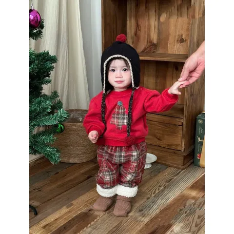 Set đồ Noel cho bé, set áo nỉ đỏ hoạ tiết cây thông kèm quần dạ kẻ ống suông cho bé 10-30kg
