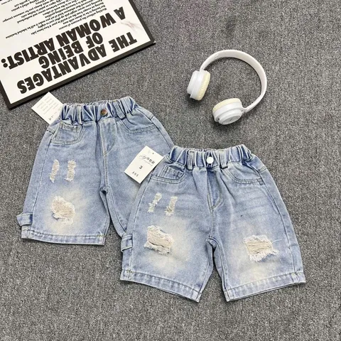 Quần đùi bé trai, quần short jean ngố túi thêu tem MIN cho bé 10-35kg