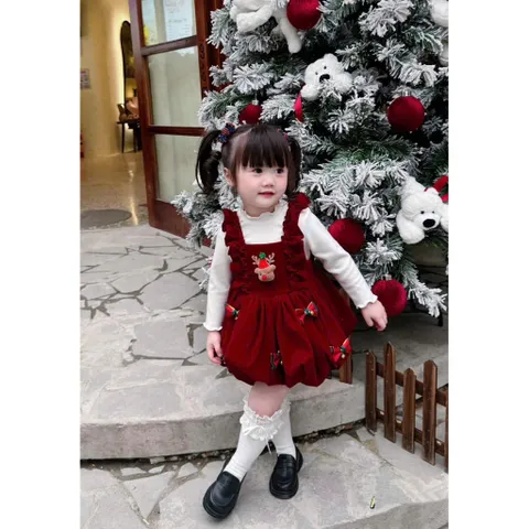 Váy cho bé gái, set váy yếm nhung đò gắn Sticker nơ và tuần lộc kèm áo giữ nhiệt cho bé 10-30kg