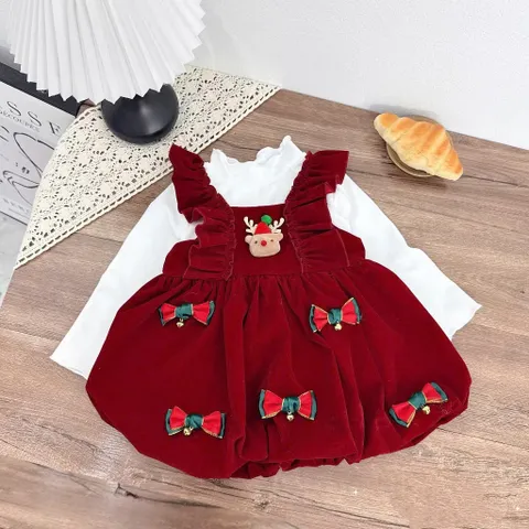 Váy cho bé gái, set váy yếm nhung đò gắn Sticker nơ và tuần lộc kèm áo giữ nhiệt cho bé 10-30kg