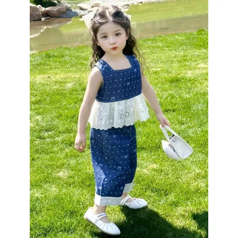 Set bộ bé gái cotton jean phối ren cao cấp – đồ bộ bé gái sát nách phong cách Hàn Quốc 10-30kg