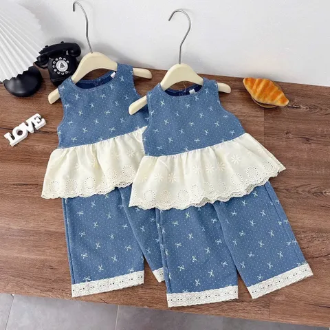 Set bộ bé gái cotton jean phối ren cao cấp – đồ bộ bé gái sát nách phong cách Hàn Quốc 10-30kg