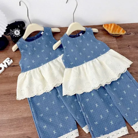 Set bộ bé gái cotton jean phối ren cao cấp – đồ bộ bé gái sát nách phong cách Hàn Quốc 10-30kg