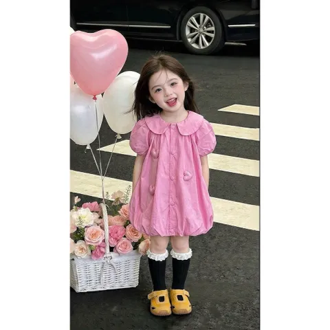 Váy cho bé gái, váy suông phồng chất thô mềm mát gắn sticker hình tim cho bé 10-30kg