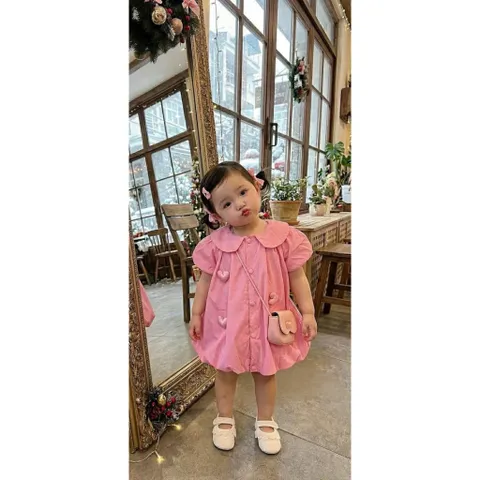Váy cho bé gái, váy suông phồng chất thô mềm mát gắn sticker hình tim cho bé 10-30kg