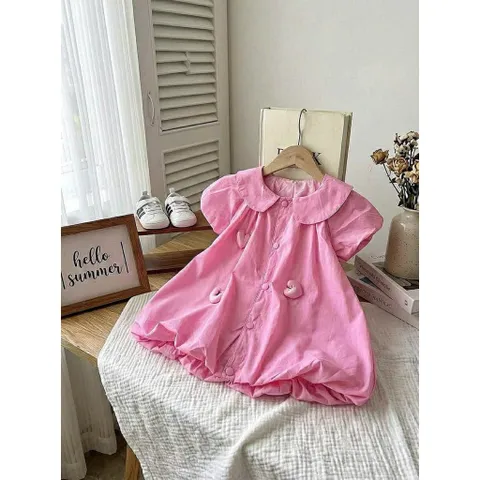 Váy cho bé gái, váy suông phồng chất thô mềm mát gắn sticker hình tim cho bé 10-30kg