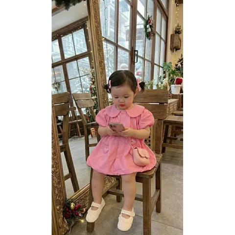 Váy cho bé gái, váy suông phồng chất thô mềm mát gắn sticker hình tim cho bé 10-30kg