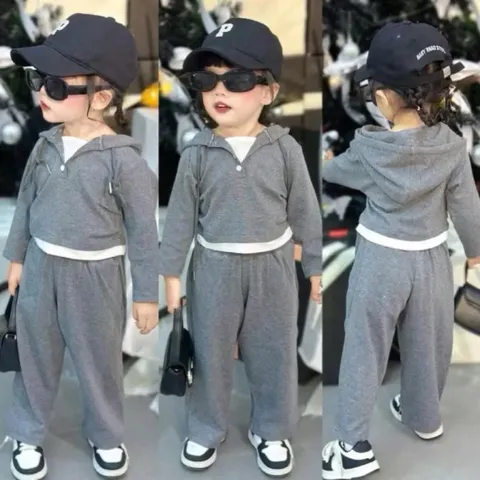 Quần áo thu đông bé gái, Set bộ hoodie vạt trắng kèm quần suông chất len thỏ mềm mịn cho bé size 10–30kg